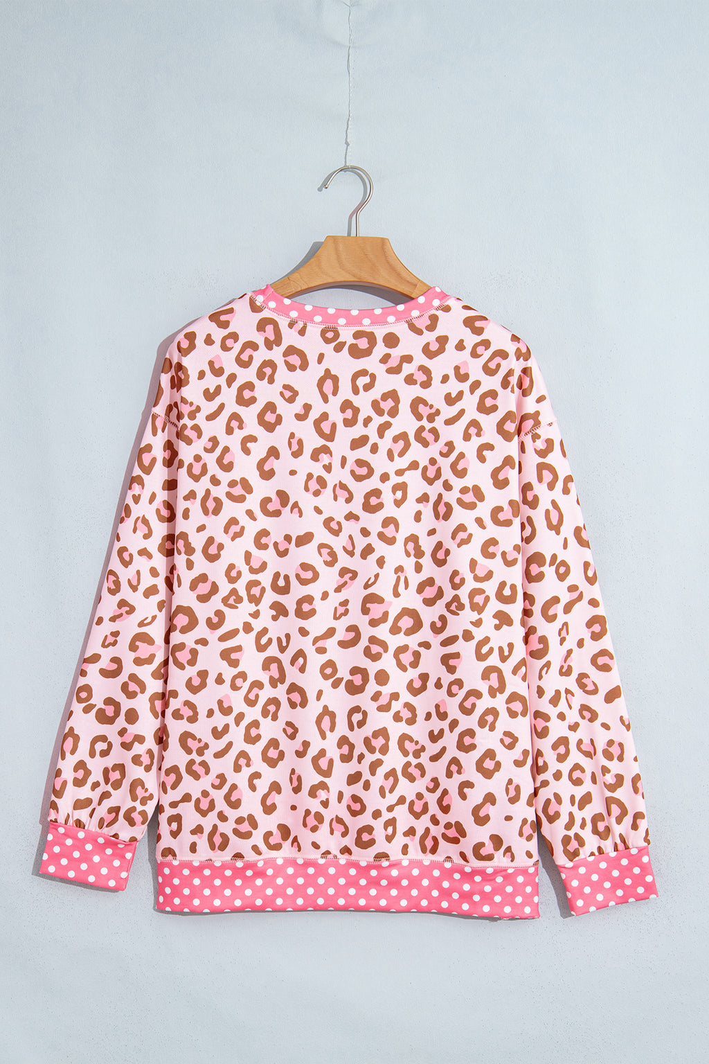 Pink Leopard Polka Dot Colorblock Trim Long Sleeve Top