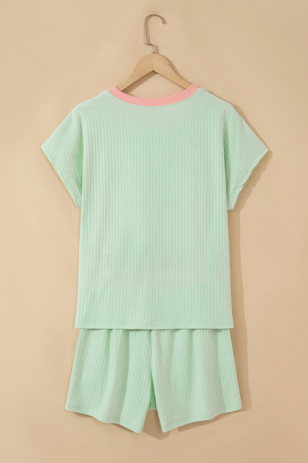 Mist Blue Soft Ribbed Color Block Trim Casual Short Set