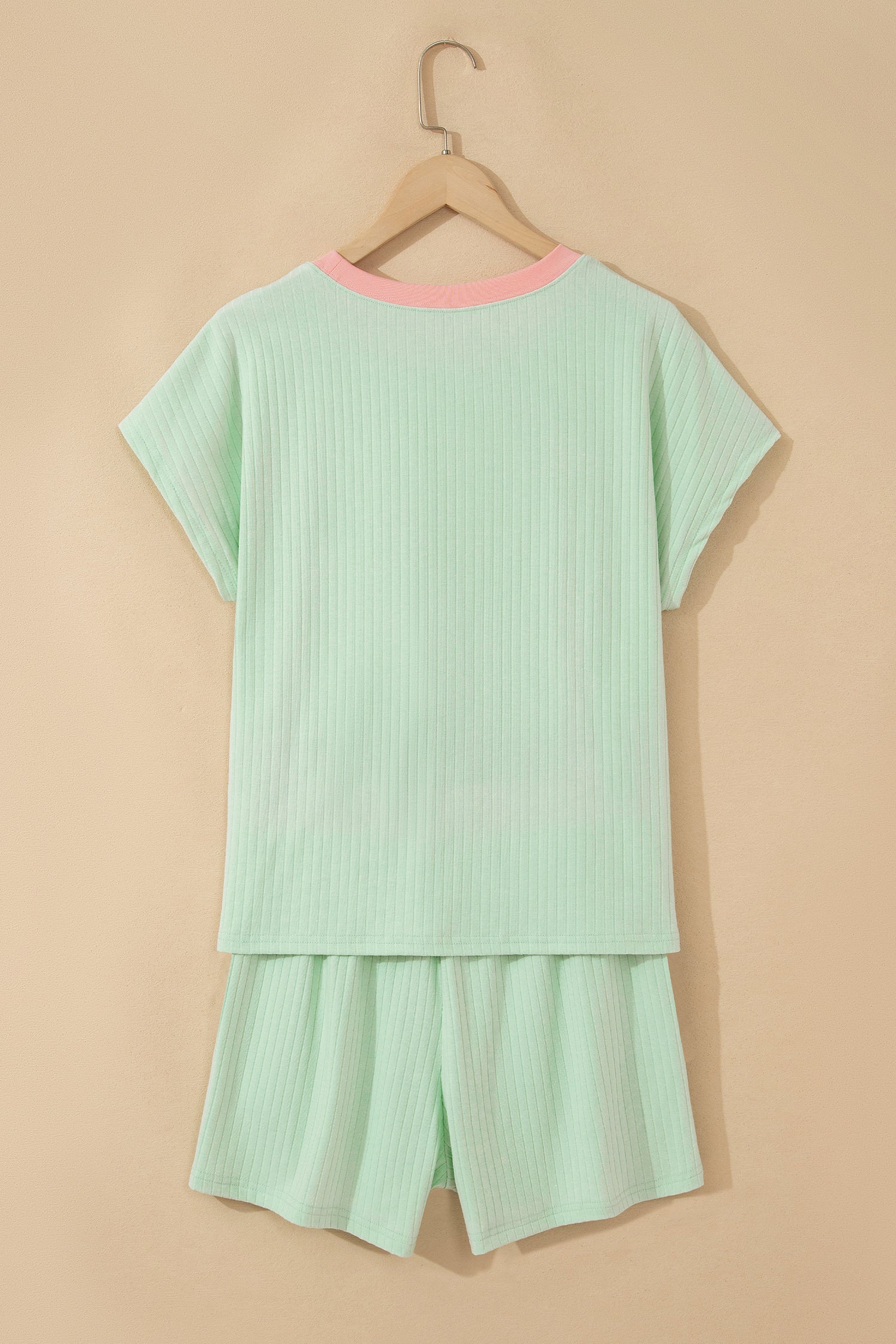 Mist Blue Soft Ribbed Color Block Trim Casual Short Set