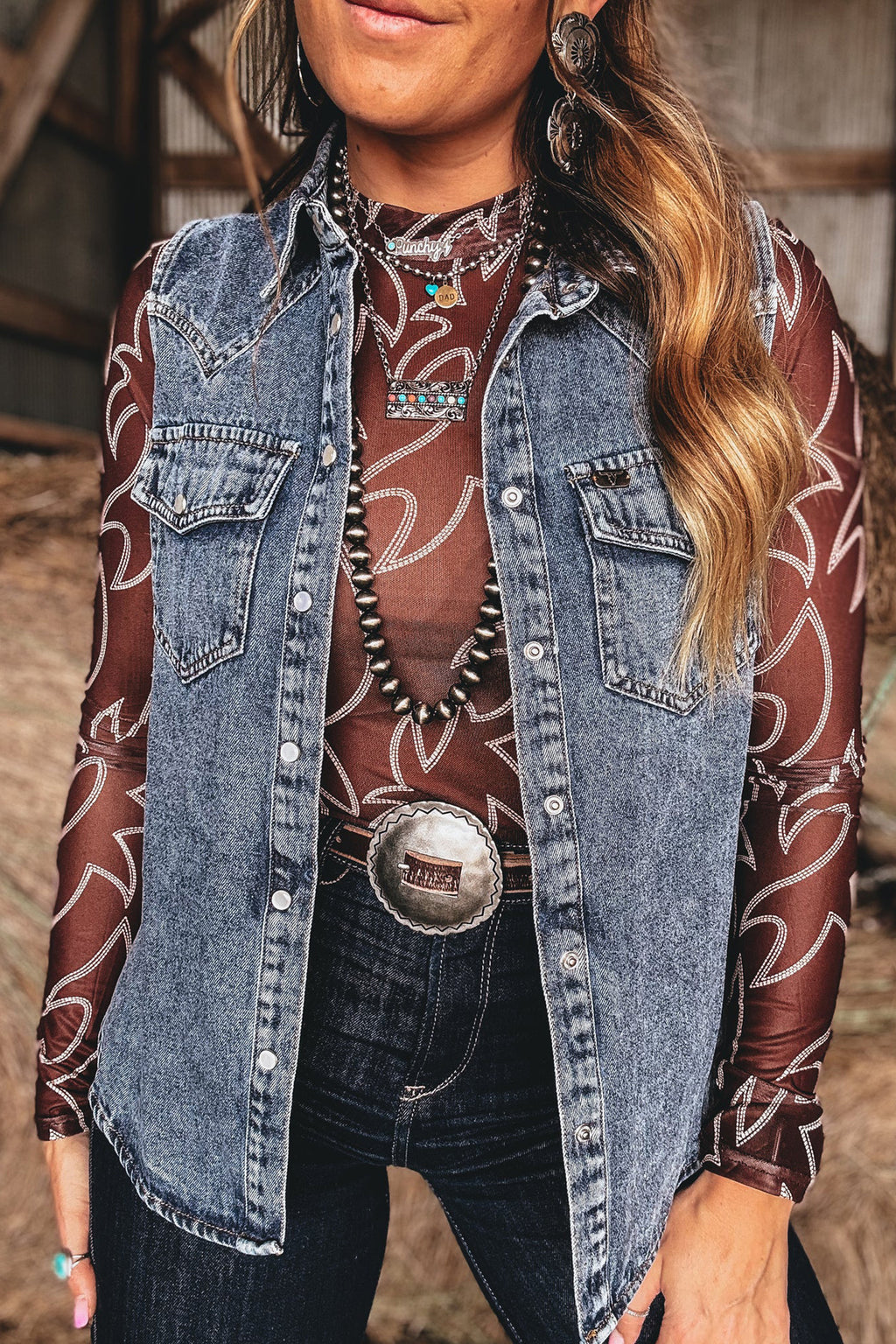 Ashleigh Blue Solid Denim Button Front Pocket Sleeveless Cowboy Vest