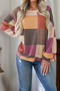 Rose Red Checkered Print Textured Knit Long Sleeve Loose Top