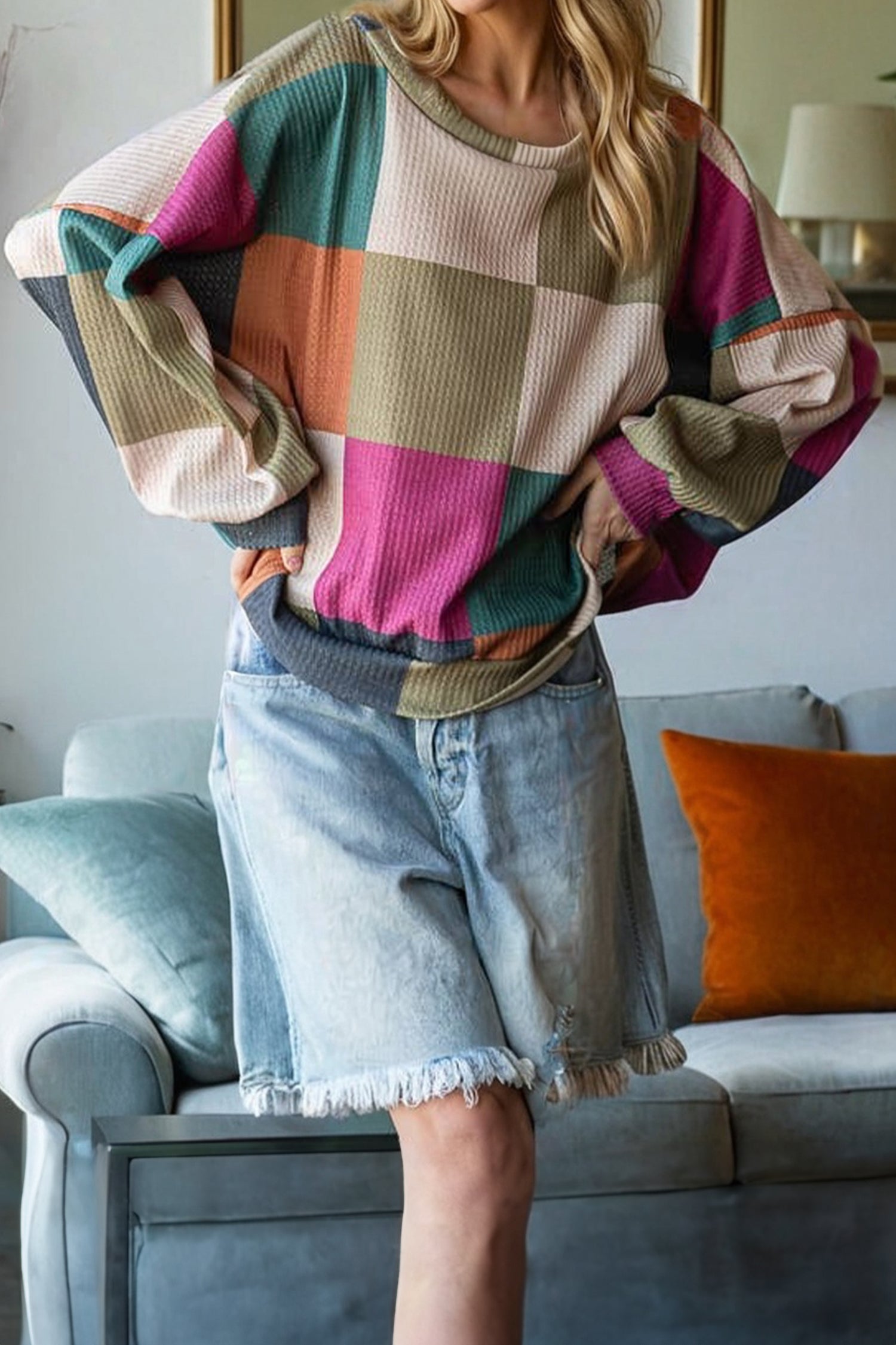 Rose Red Checkered Print Textured Knit Long Sleeve Loose Top