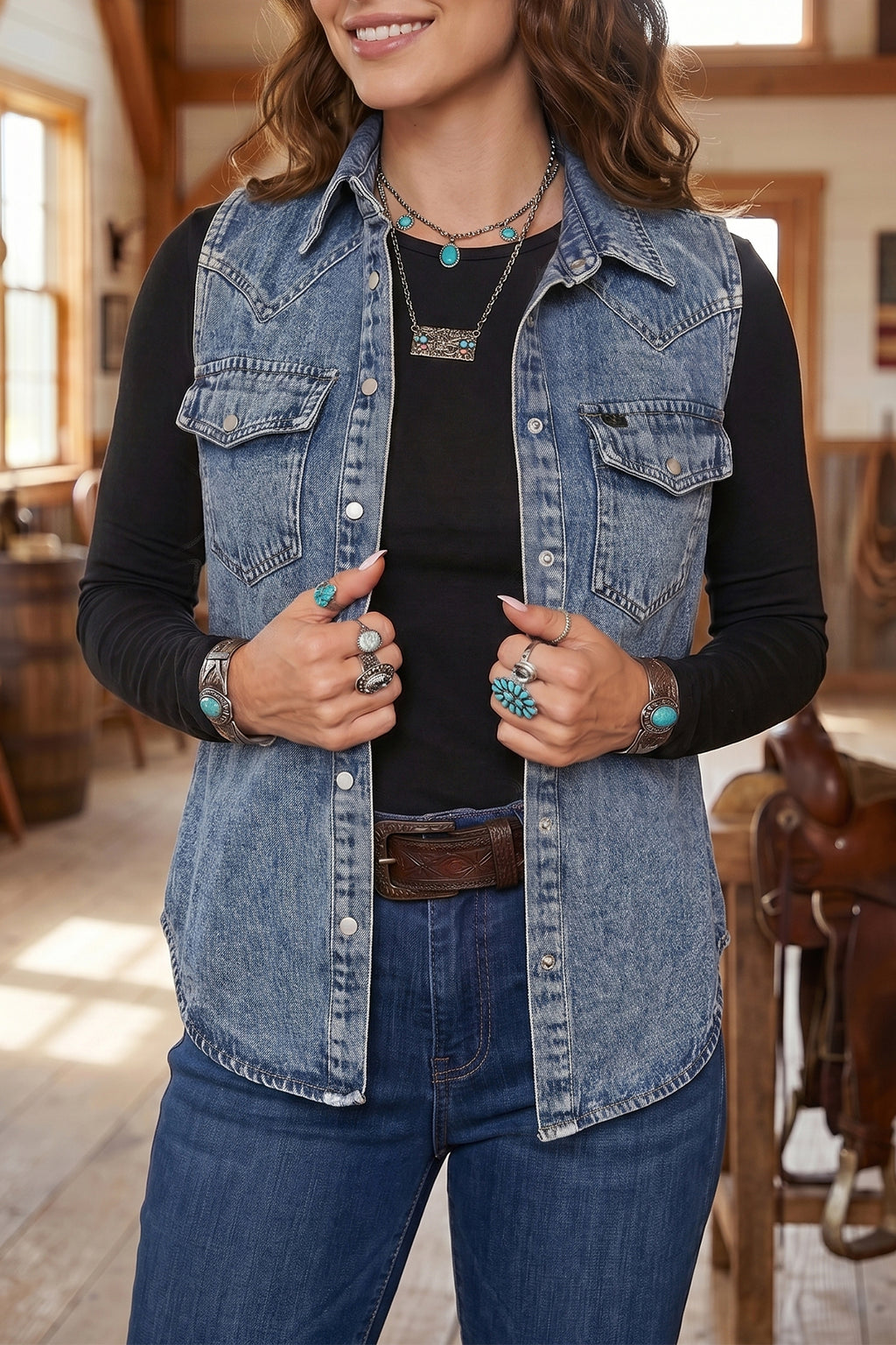Ashleigh Blue Solid Denim Button Front Pocket Sleeveless Cowboy Vest