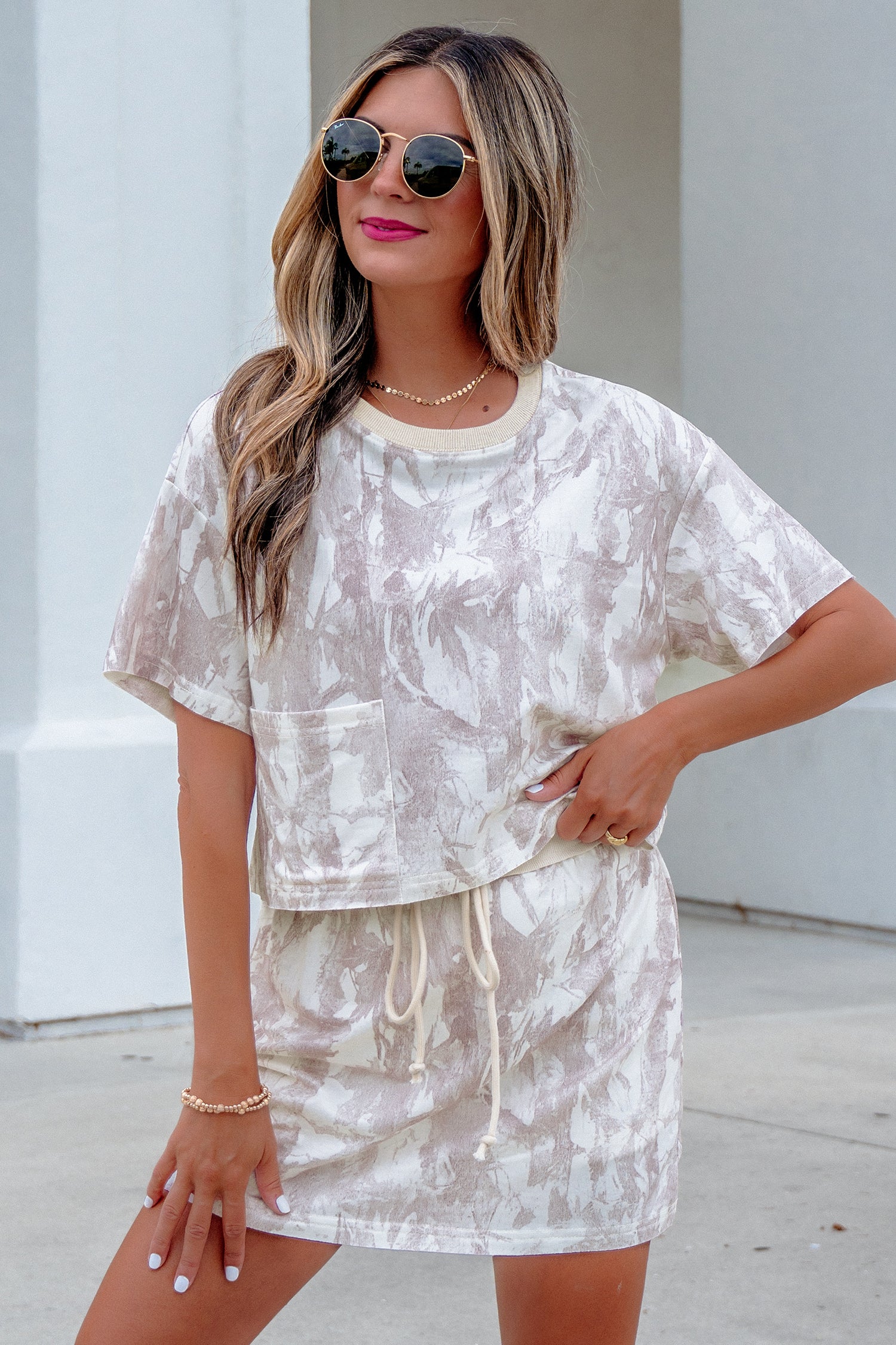 Gray Woodland Camo Print Raw Edge Cropped Top 2pcs Skort Set