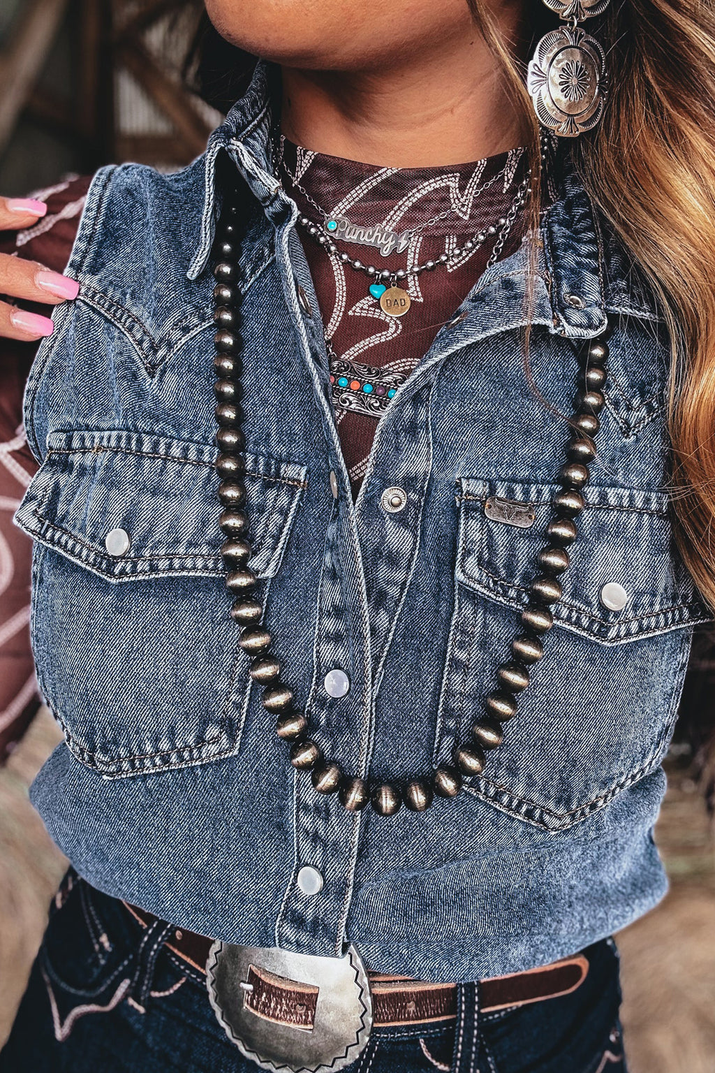 Ashleigh Blue Solid Denim Button Front Pocket Sleeveless Cowboy Vest