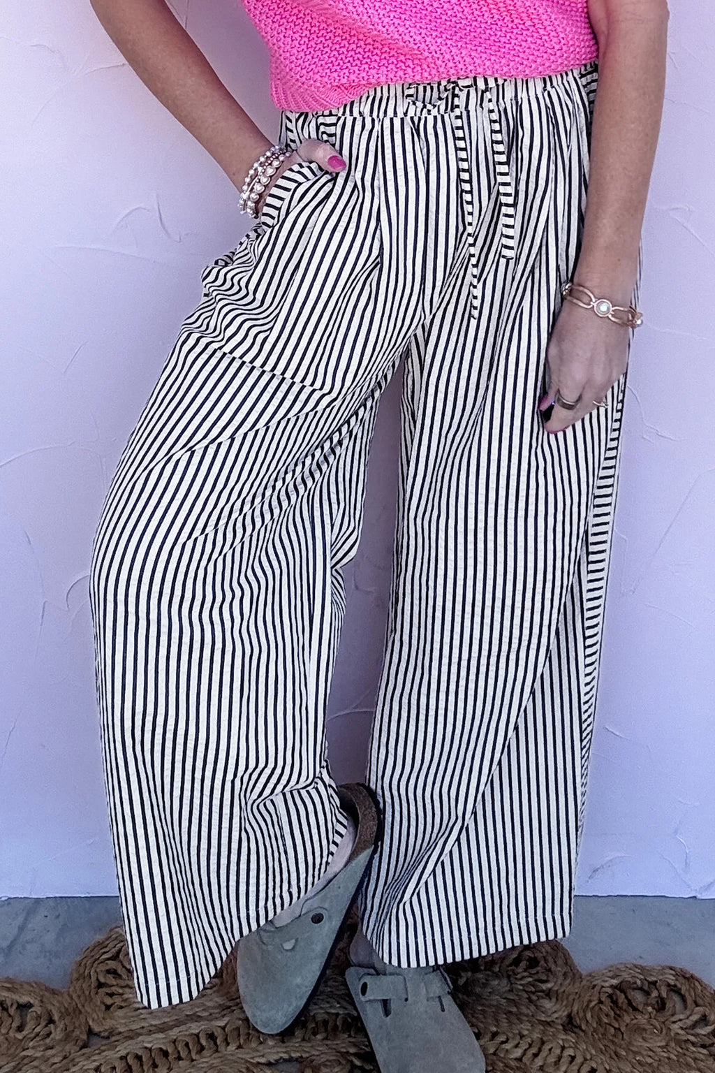 Black Stripe Wide Leg Casual Pants
