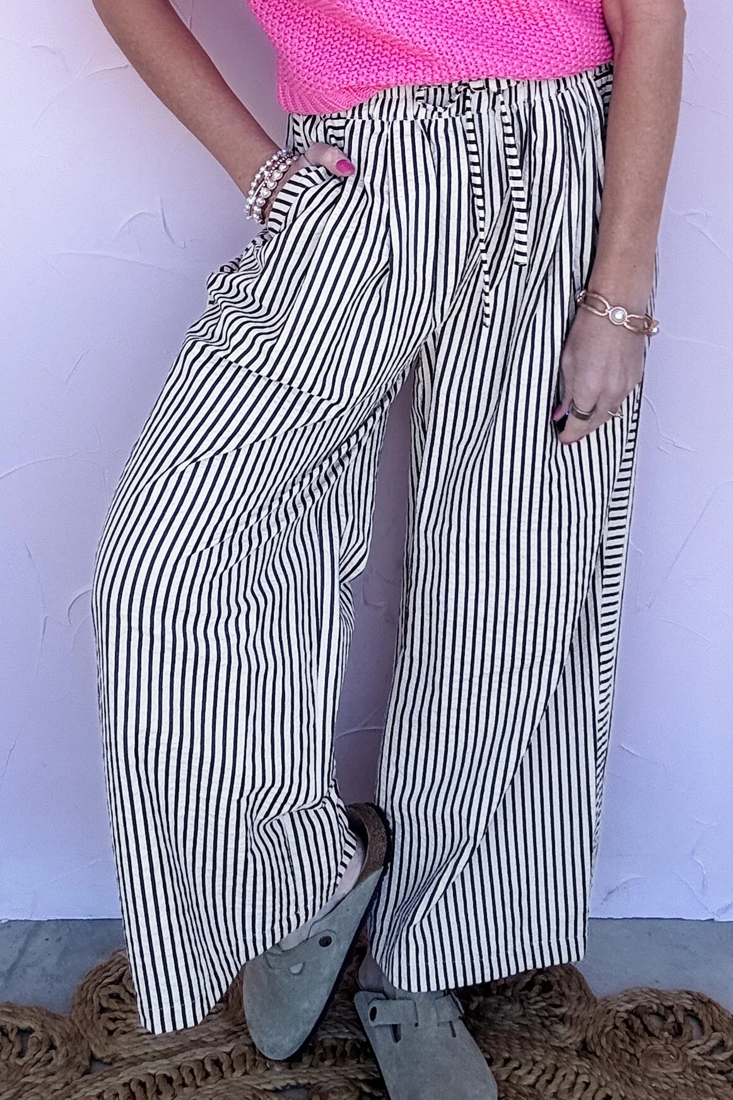 Black Stripe Wide Leg Casual Pants