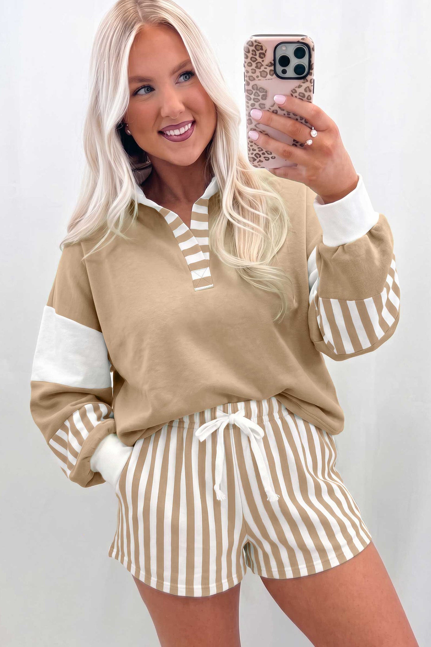 Gossamer Pink Striped Color Block Pullover Top Drawstring Shorts Set