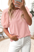 Bright Pink Ribbed Pearl Beaded Puff Sleeve Top