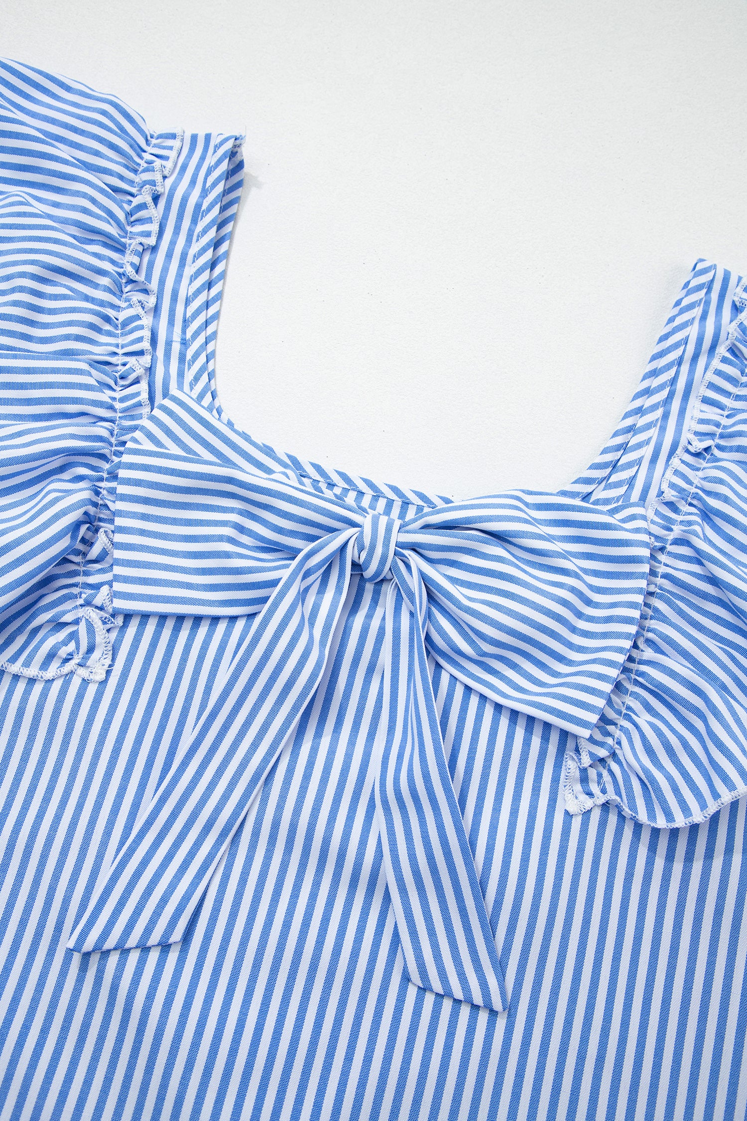 Sky Blue Stripe Square Neck Bow Decor Frilly Ruffled Short Sleeve Blouse