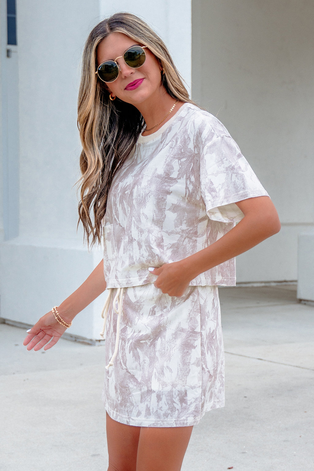 Gray Woodland Camo Print Raw Edge Cropped Top 2pcs Skort Set