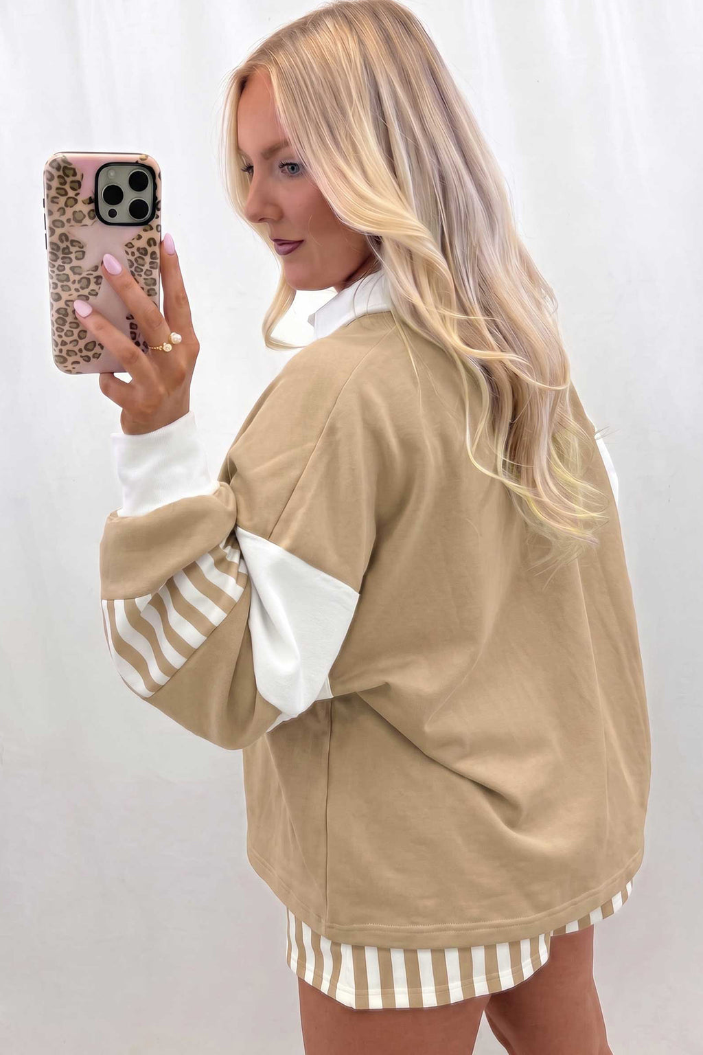 Gossamer Pink Striped Color Block Pullover Top Drawstring Shorts Set