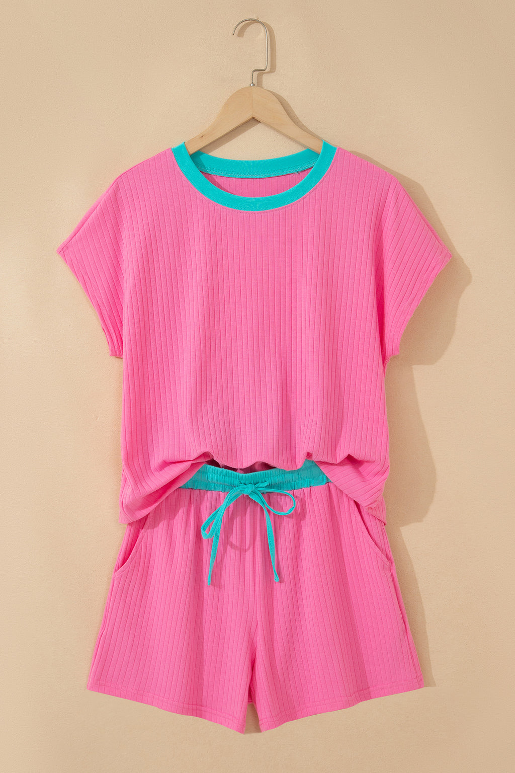 Mist Blue Soft Ribbed Color Block Trim Casual Short Set