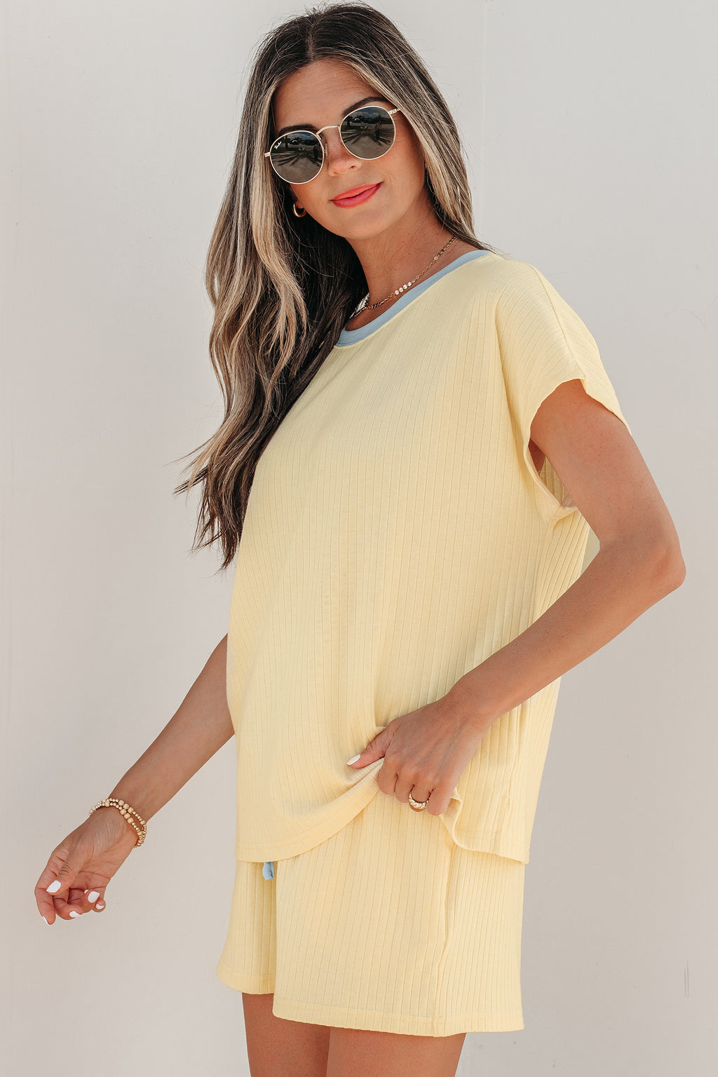Mist Blue Soft Ribbed Color Block Trim Casual Short Set