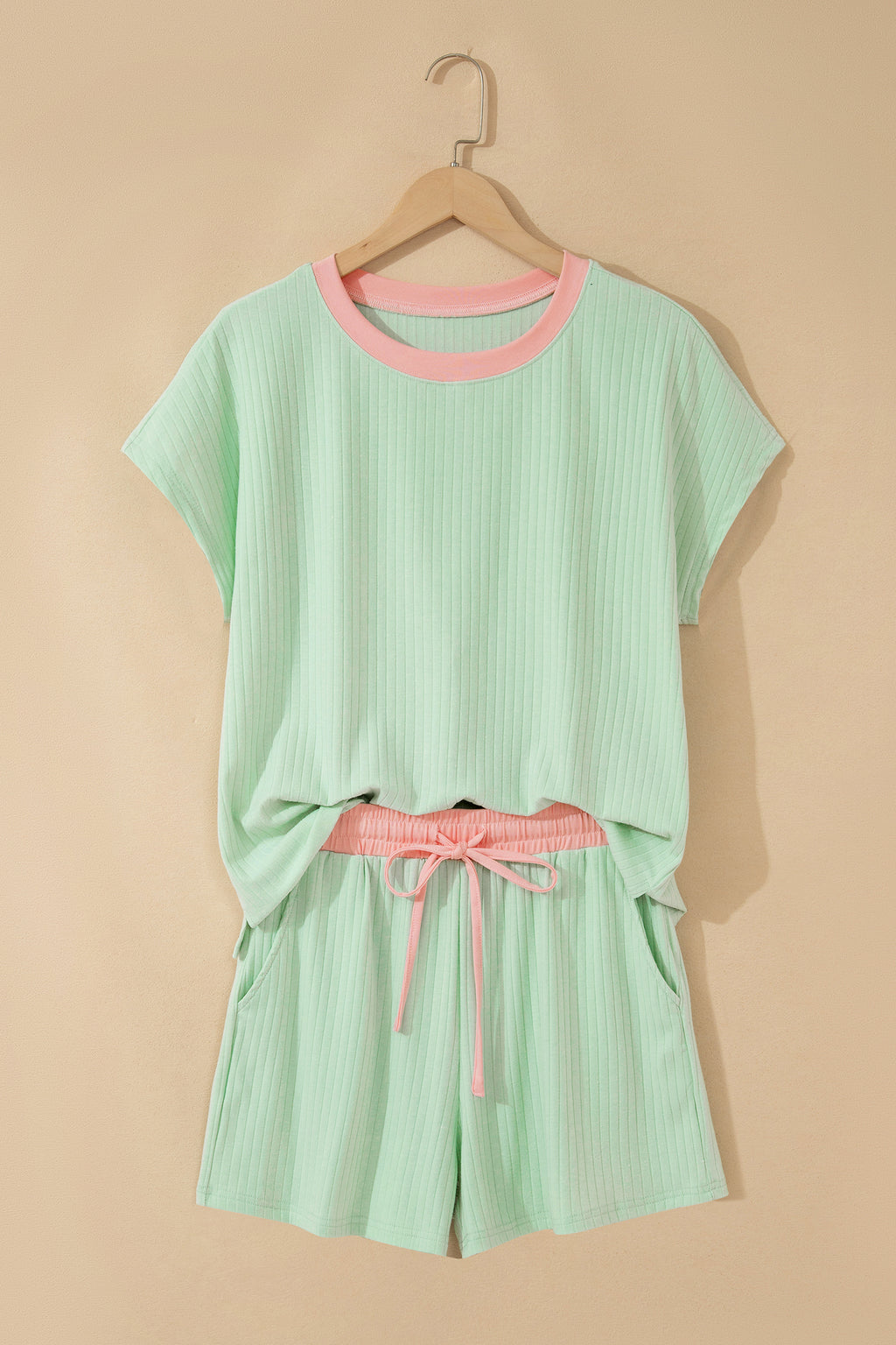 Mist Blue Soft Ribbed Color Block Trim Casual Short Set