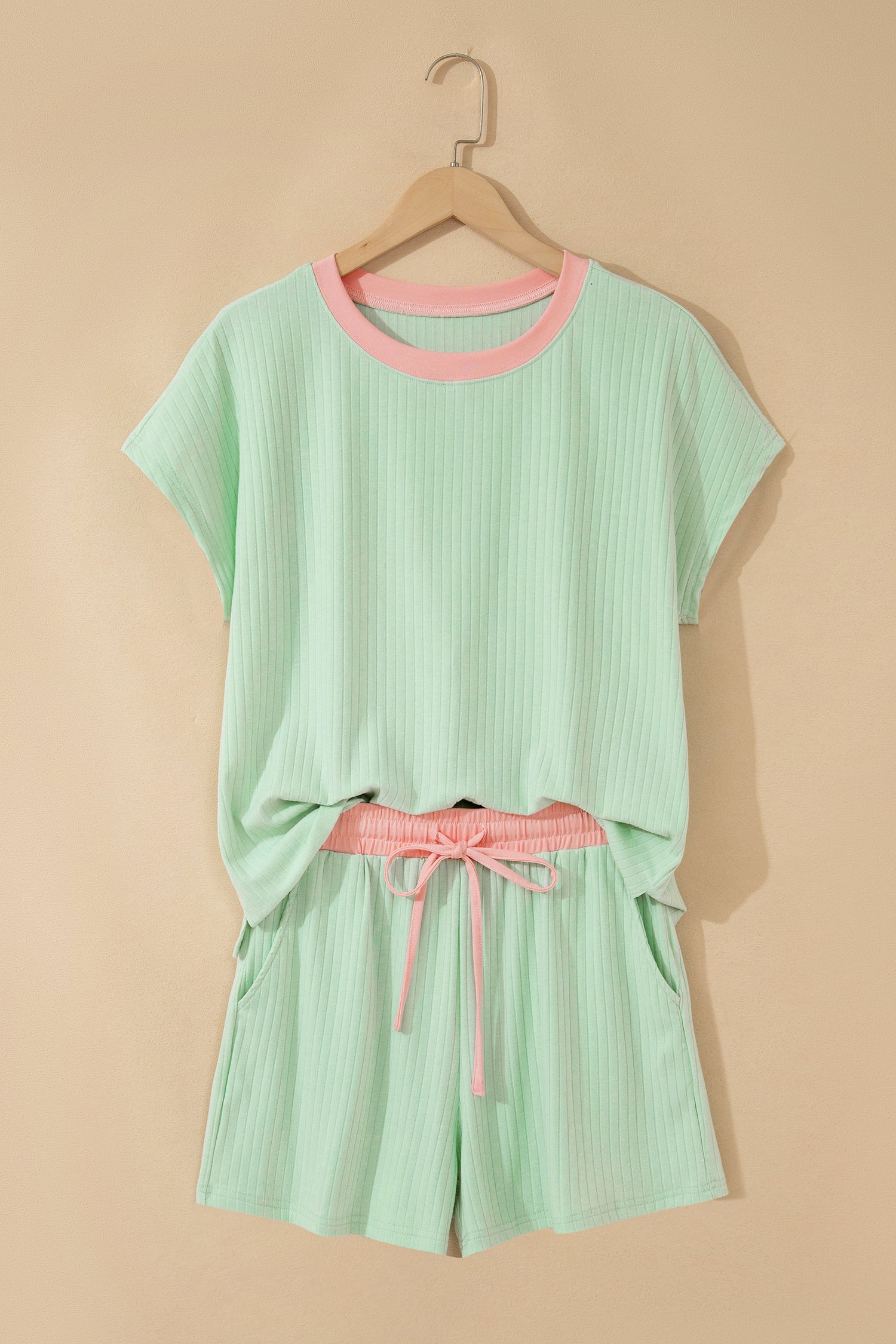 Mist Blue Soft Ribbed Color Block Trim Casual Short Set