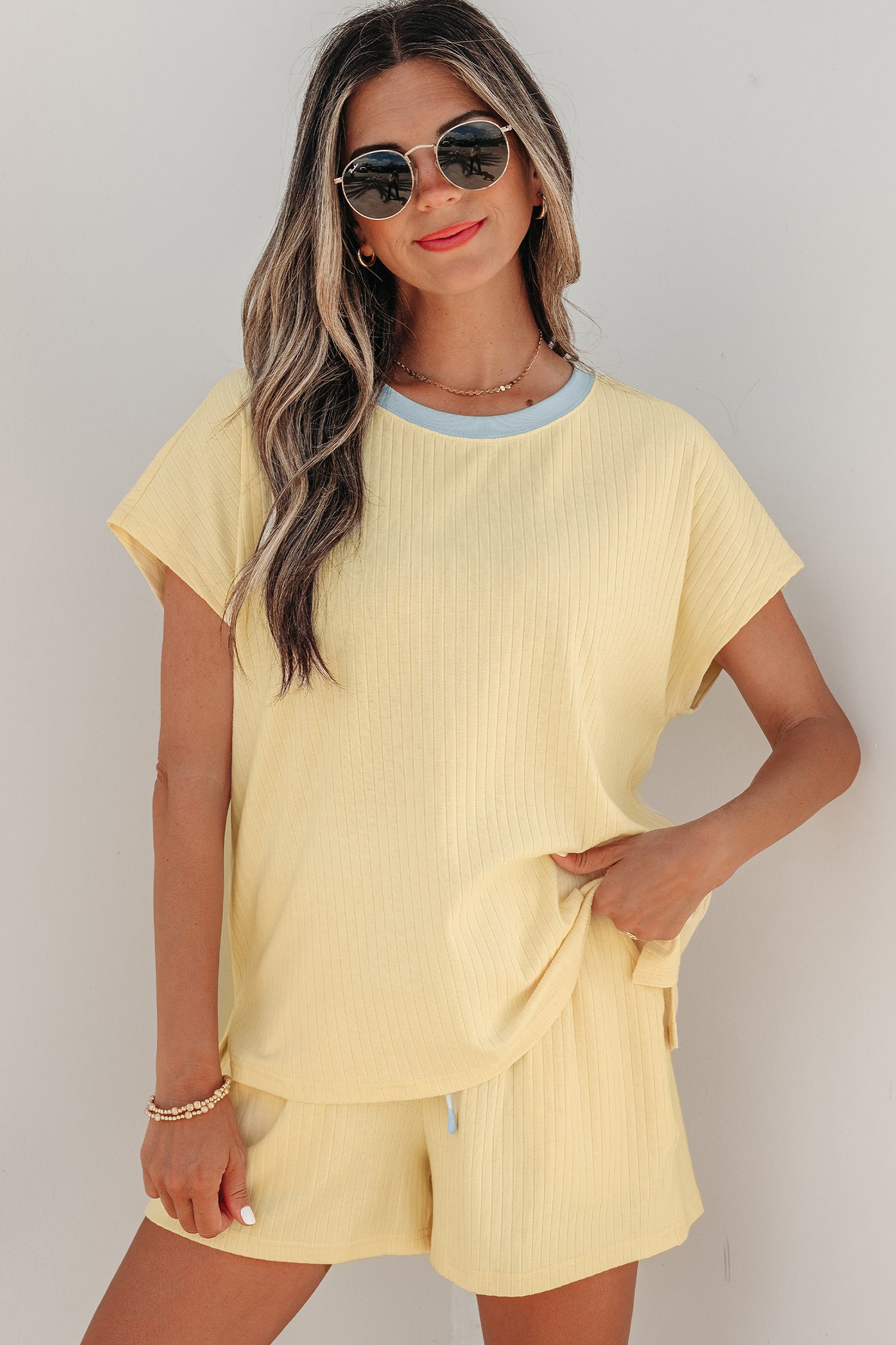 Mist Blue Soft Ribbed Color Block Trim Casual Short Set