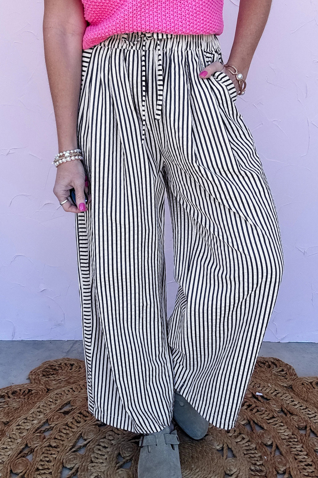 Black Stripe Wide Leg Casual Pants