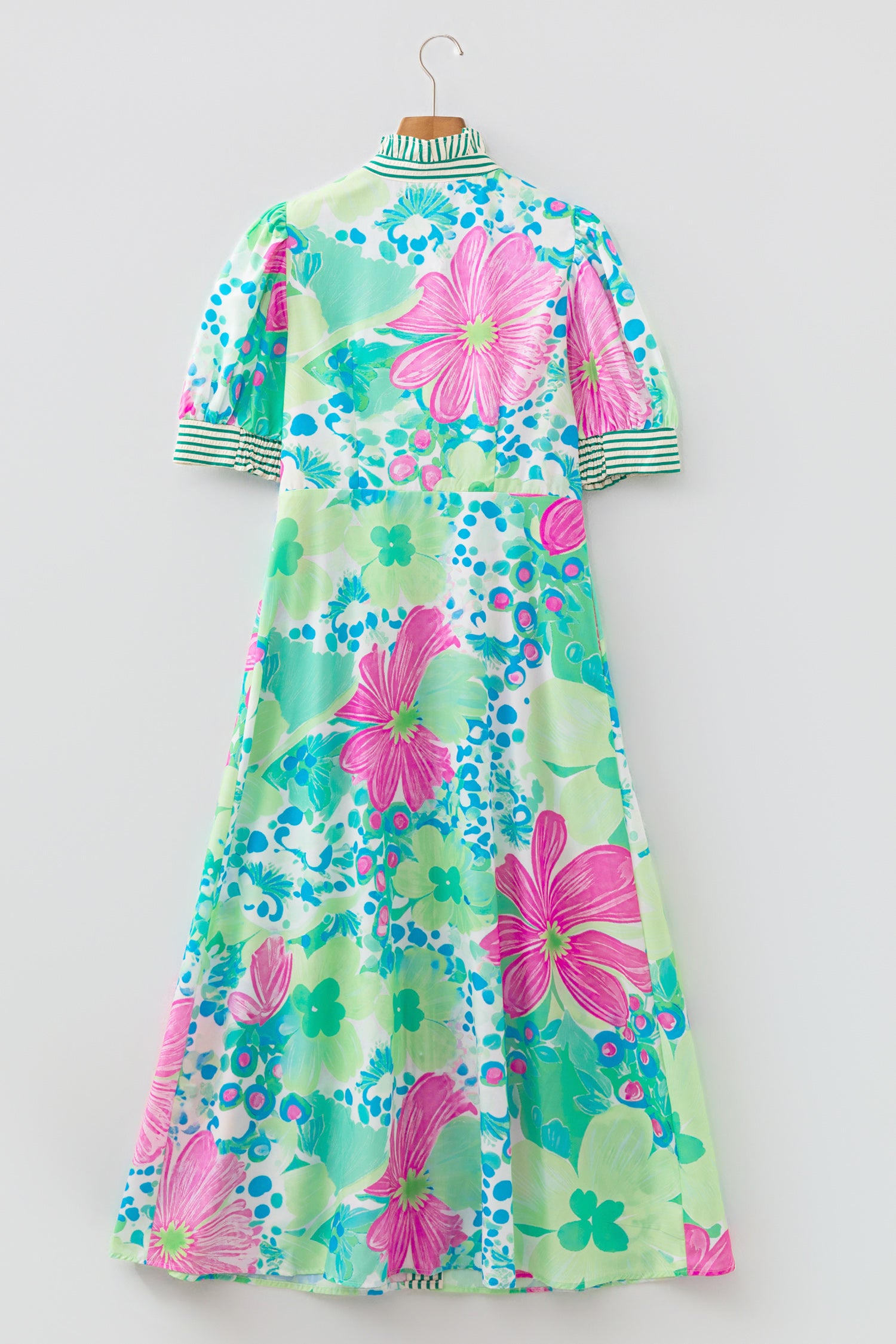 Pink Floral Print Striped Trim Button Down Short Sleeve Vacation Dress