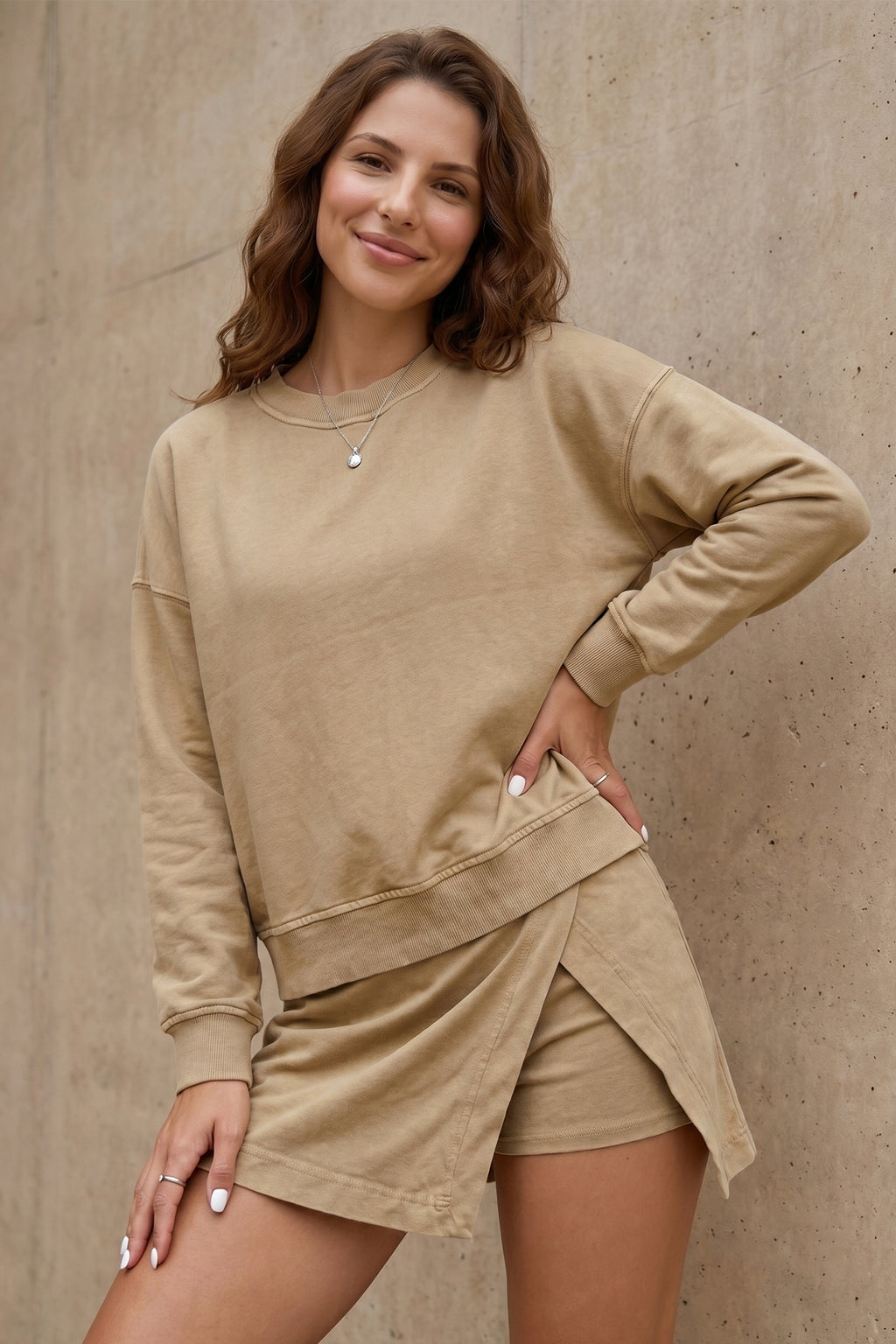 Parchment Solid Color Long Sleeve Top Split Skort 2pcs Outfit