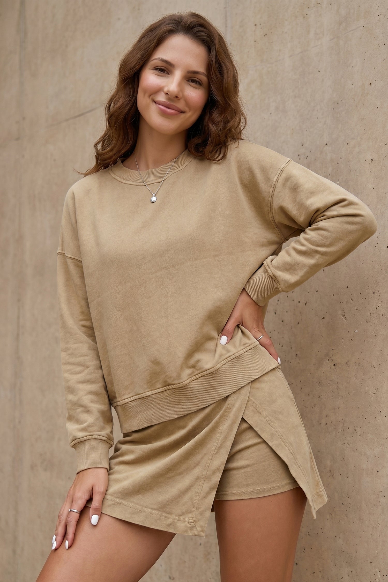 Parchment Solid Color Long Sleeve Top Split Skort 2pcs Outfit