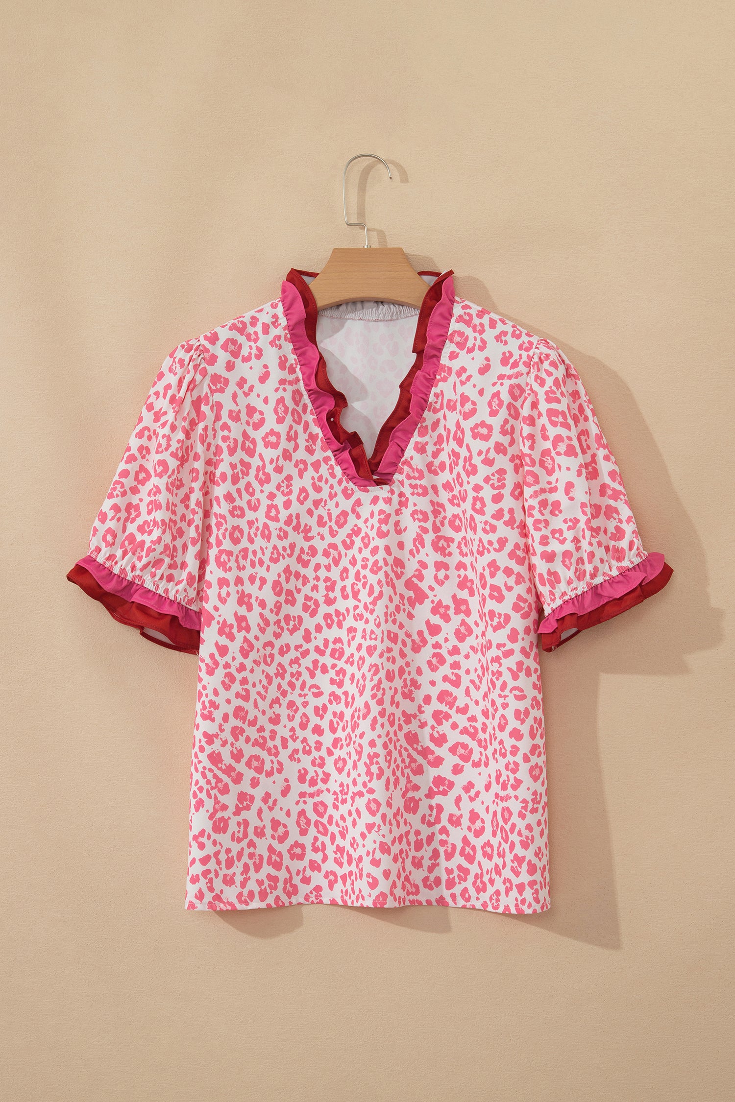 Pink Stripe Ruffled Trim V Neck Leopard Print Short Sleeve Blouse