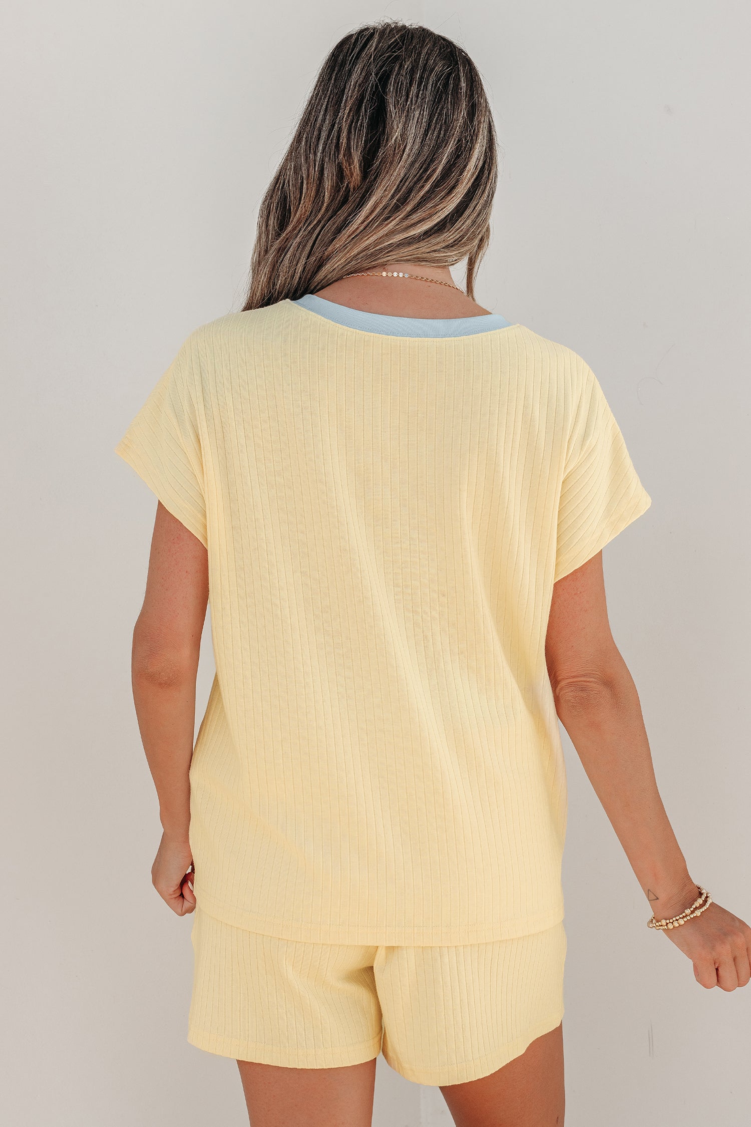 Mist Blue Soft Ribbed Color Block Trim Casual Short Set