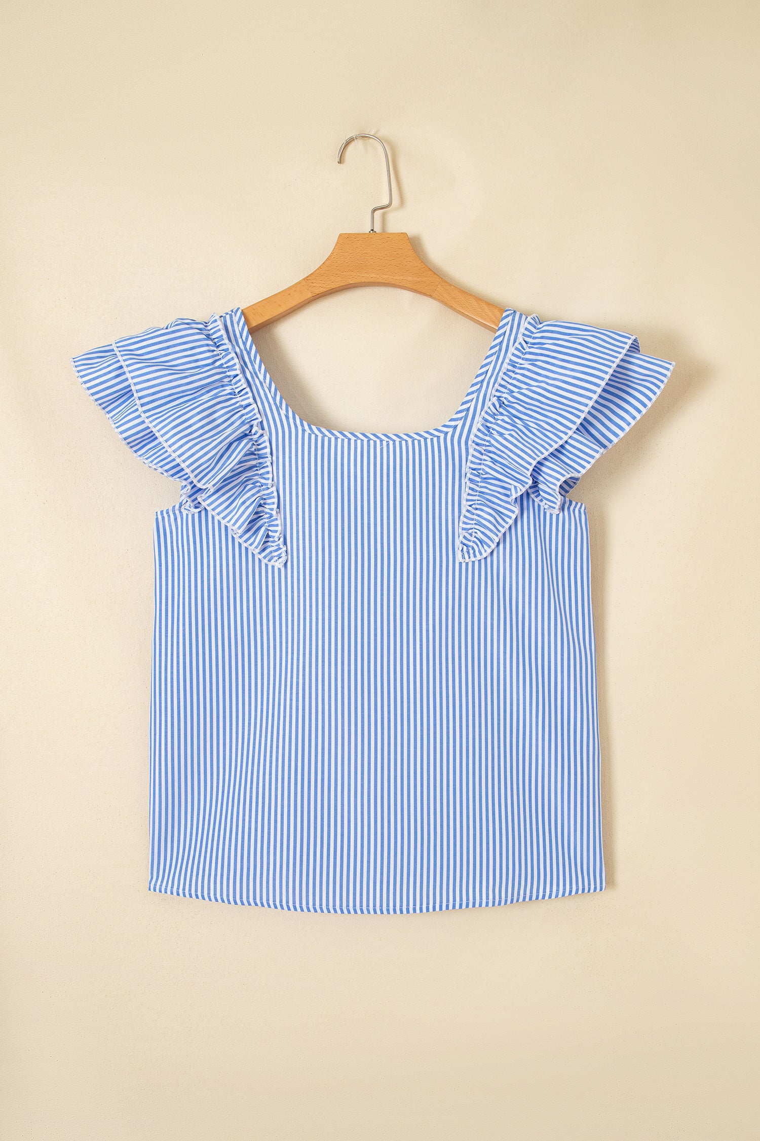 Sky Blue Stripe Square Neck Bow Decor Frilly Ruffled Short Sleeve Blouse