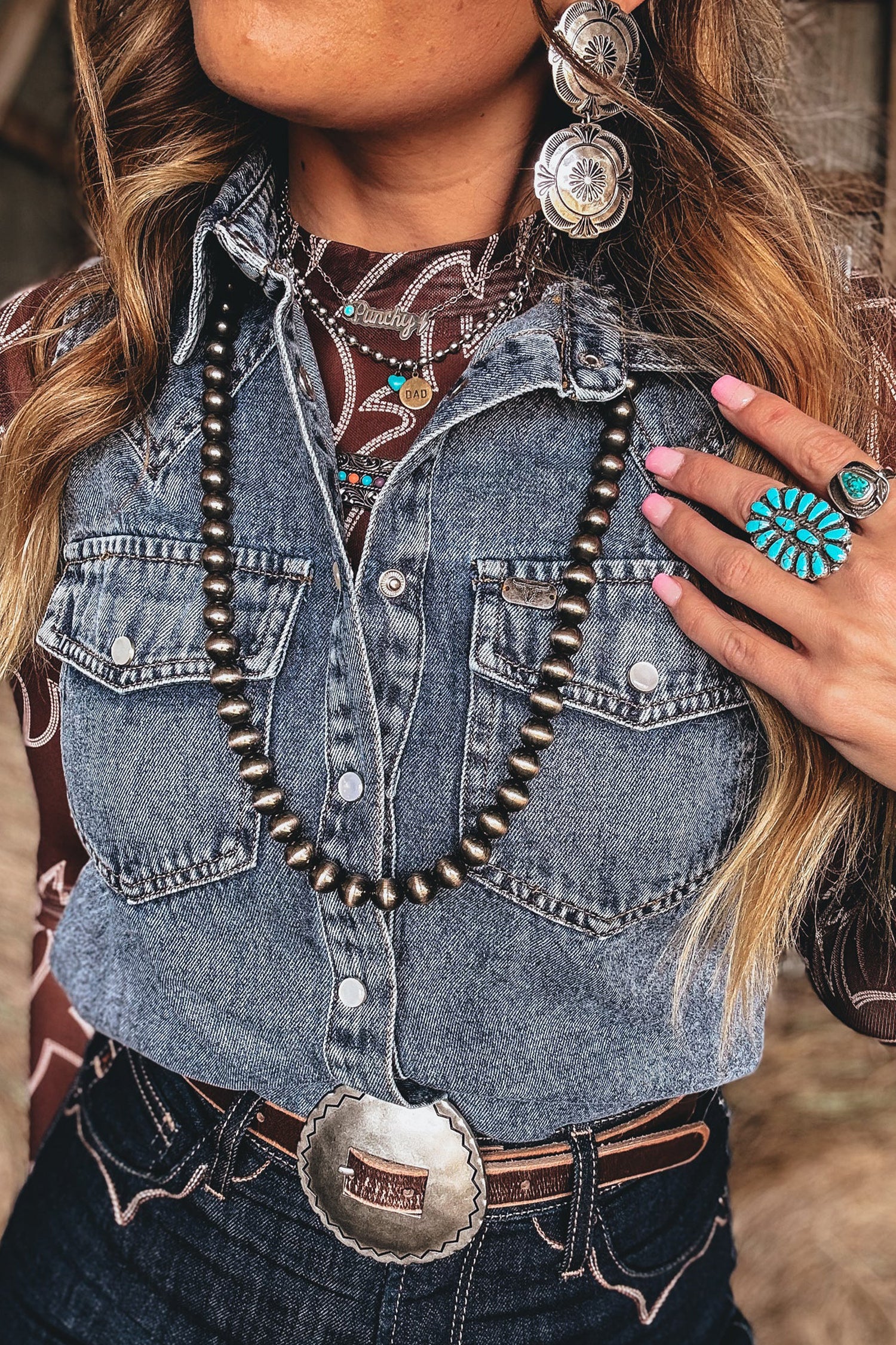 Ashleigh Blue Solid Denim Button Front Pocket Sleeveless Cowboy Vest