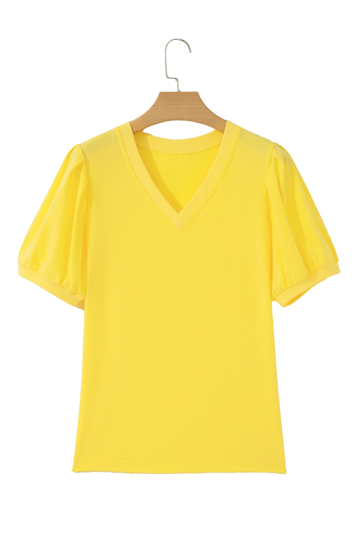 Bonbon Solid Color V Neck Short Puff Sleeve Blouse