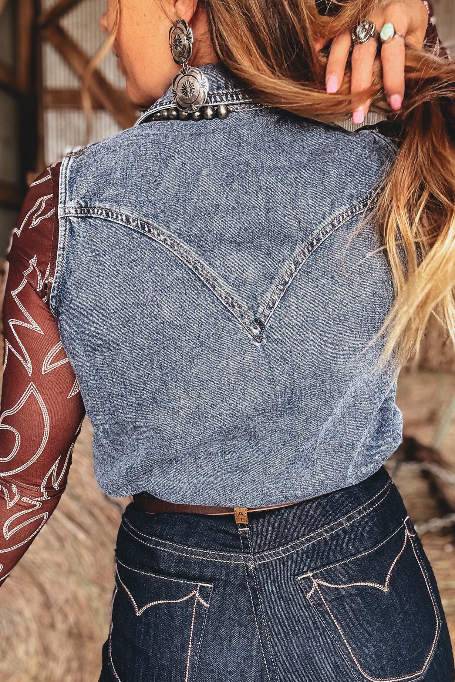 Ashleigh Blue Solid Denim Button Front Pocket Sleeveless Cowboy Vest