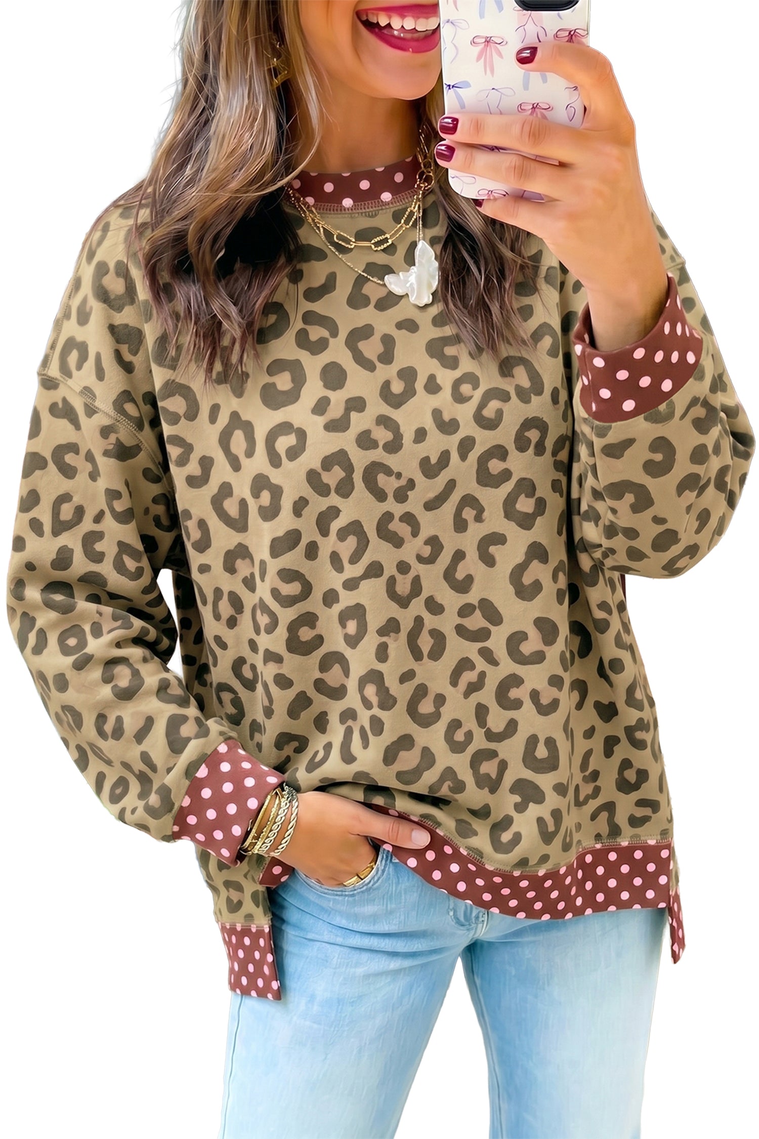Pink Leopard Polka Dot Colorblock Trim Long Sleeve Top