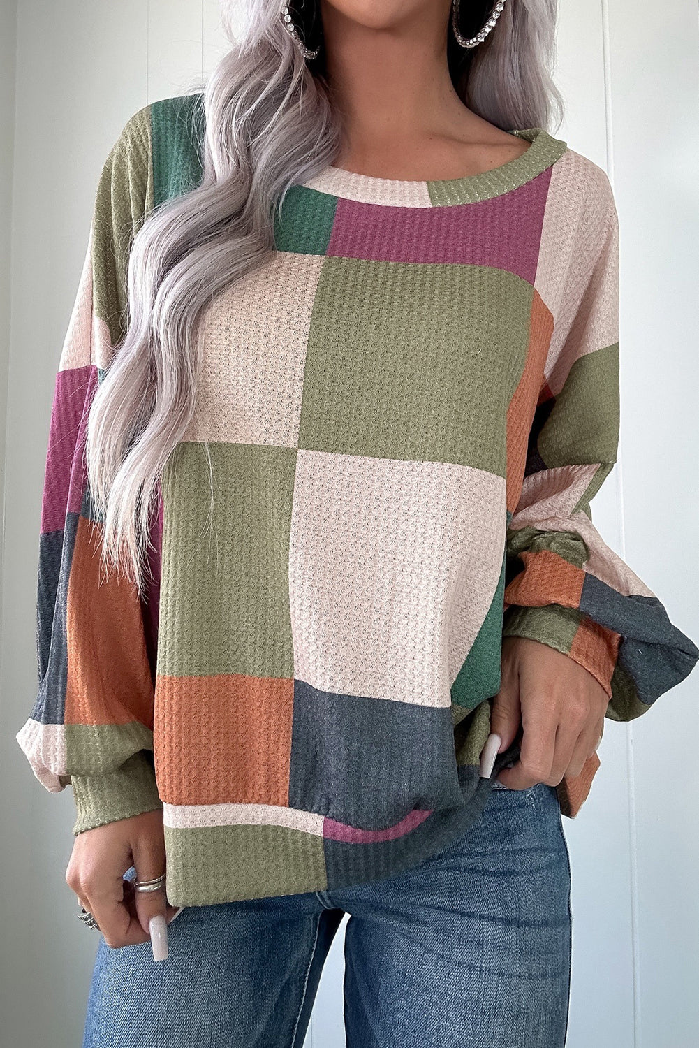 Rose Red Checkered Print Textured Knit Long Sleeve Loose Top