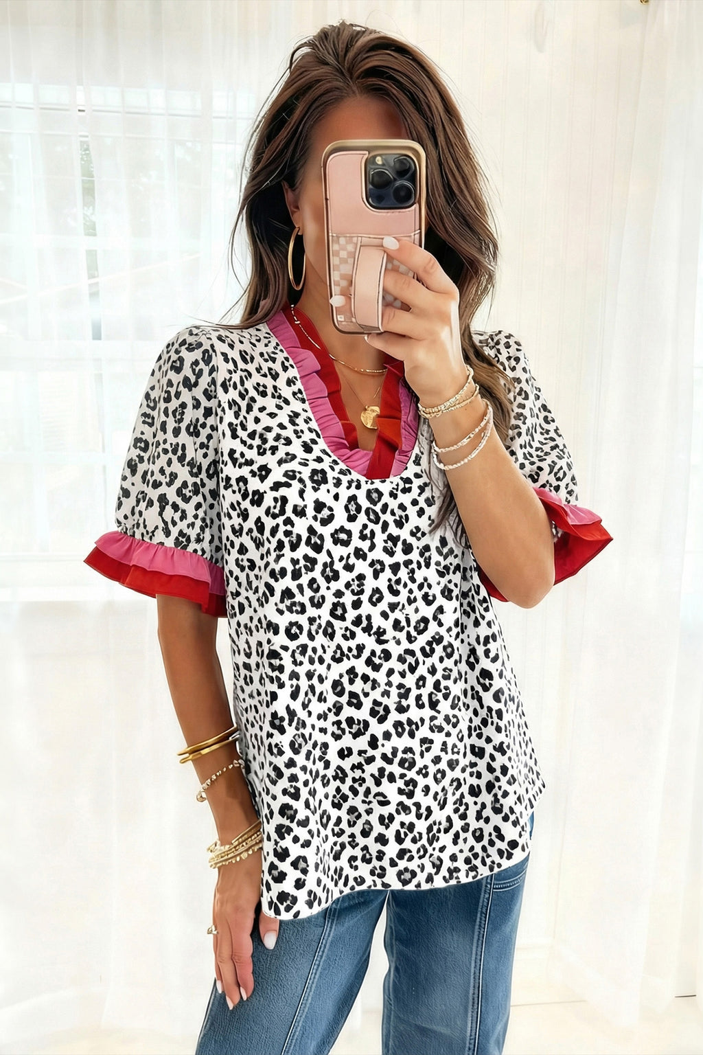 Pink Stripe Ruffled Trim V Neck Leopard Print Short Sleeve Blouse