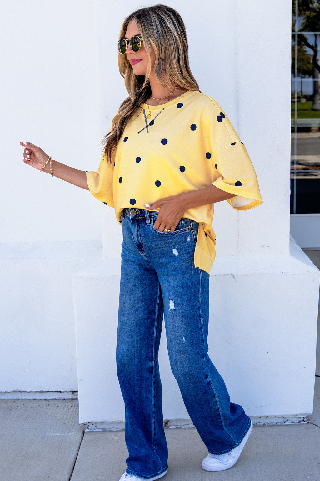Beige Polka Dot Print Crossed Seam Detail Oversize Tee