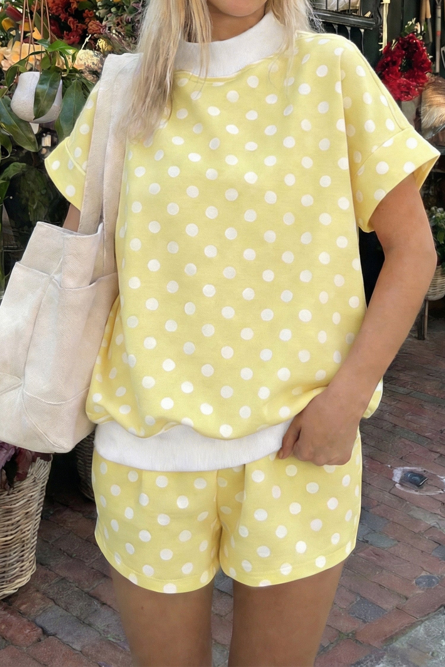 Green Polka Dot Print Color Block Trim Mock Neck Short Set