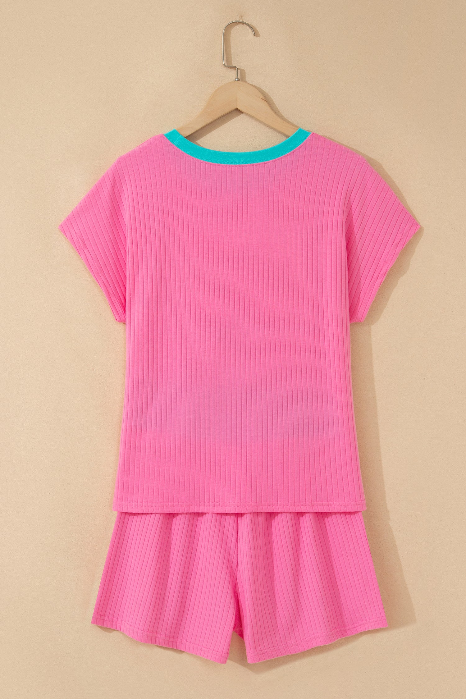 Mist Blue Soft Ribbed Color Block Trim Casual Short Set