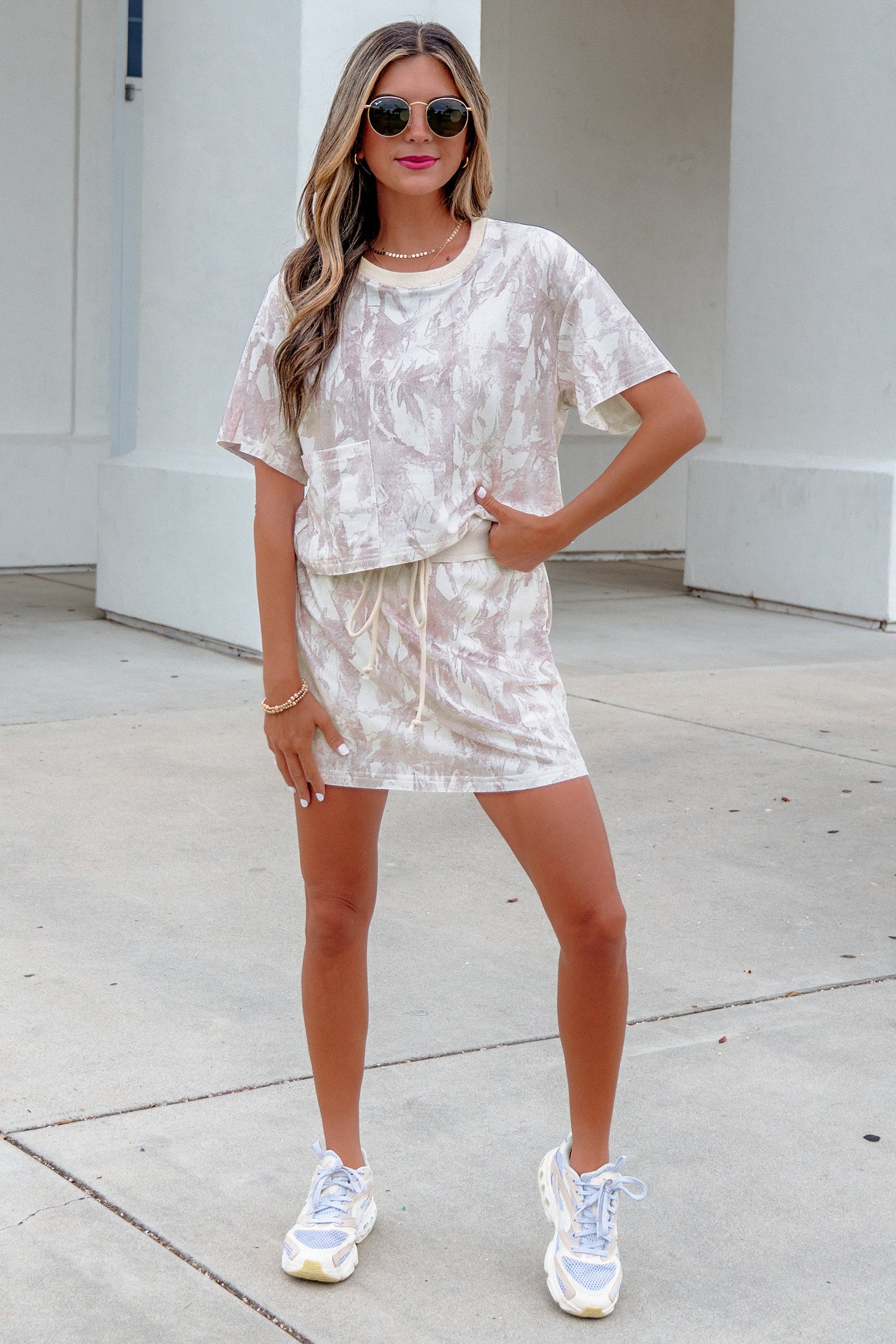 Gray Woodland Camo Print Raw Edge Cropped Top 2pcs Skort Set